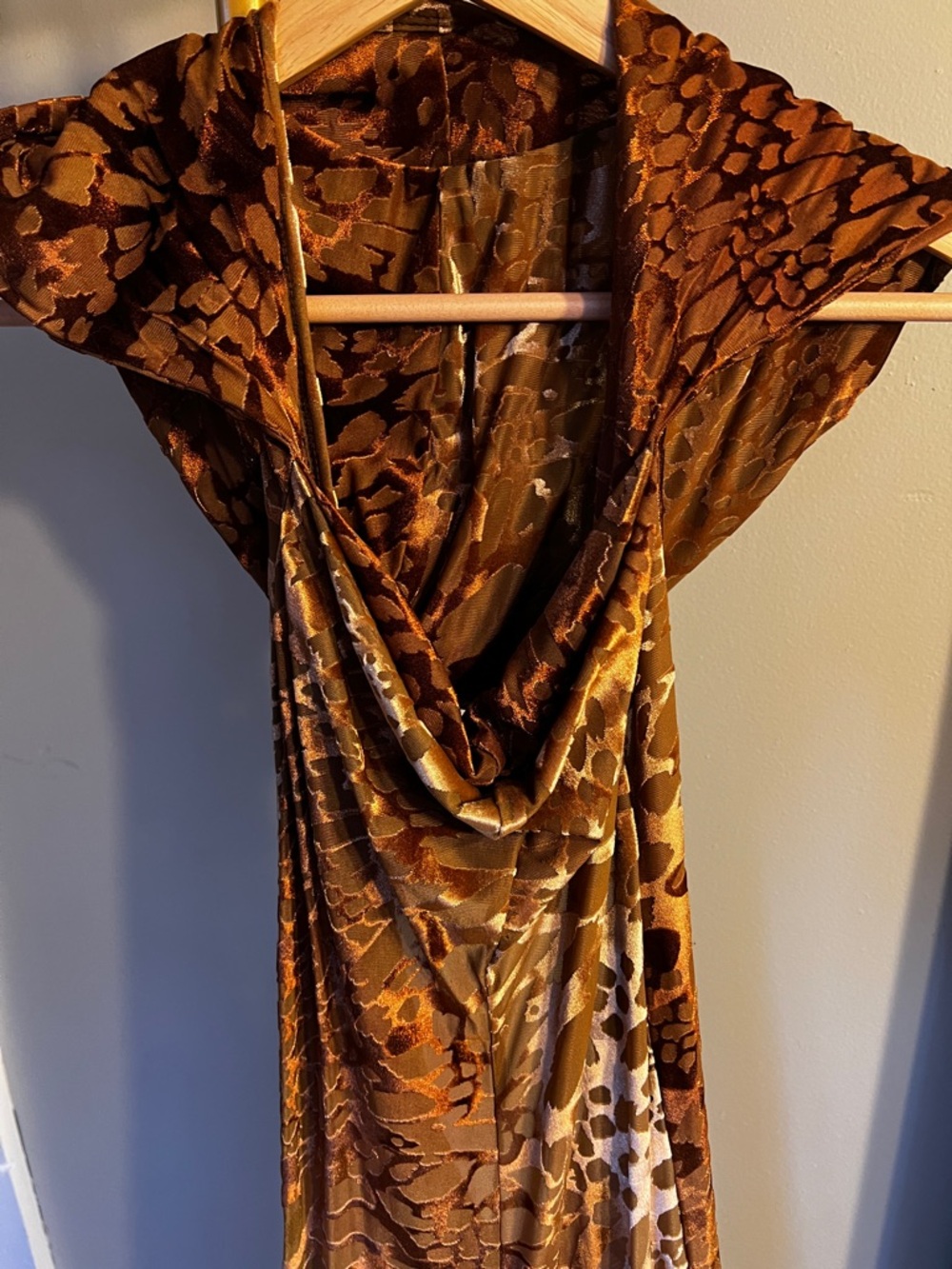 Warrior Within Draped Cowl Neck Hooded Jumpsuit in Brown & Gold